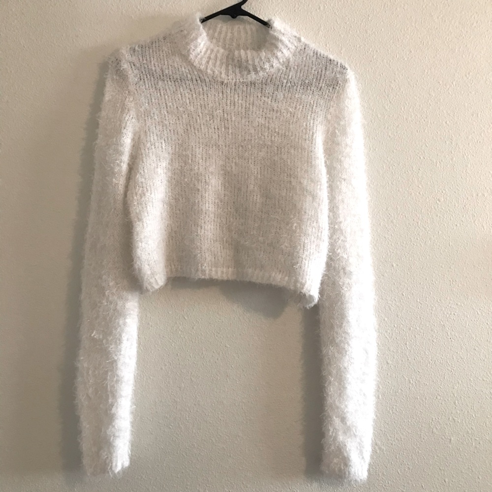 White fuzzy crop sweater